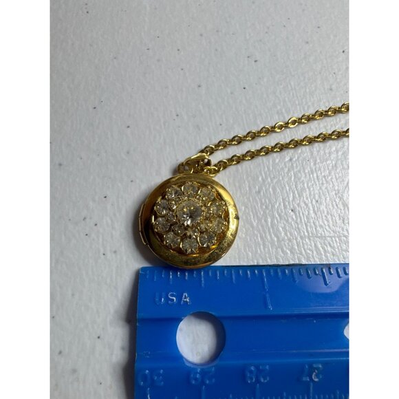 Gold Tone Crystal Round Locket Necklace Chain Vintage Style Photo Holder Pendant - Picture 8 of 8